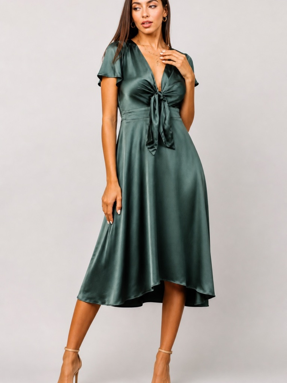 Baltic Born Olive Satin Tie-Front Midi Dress